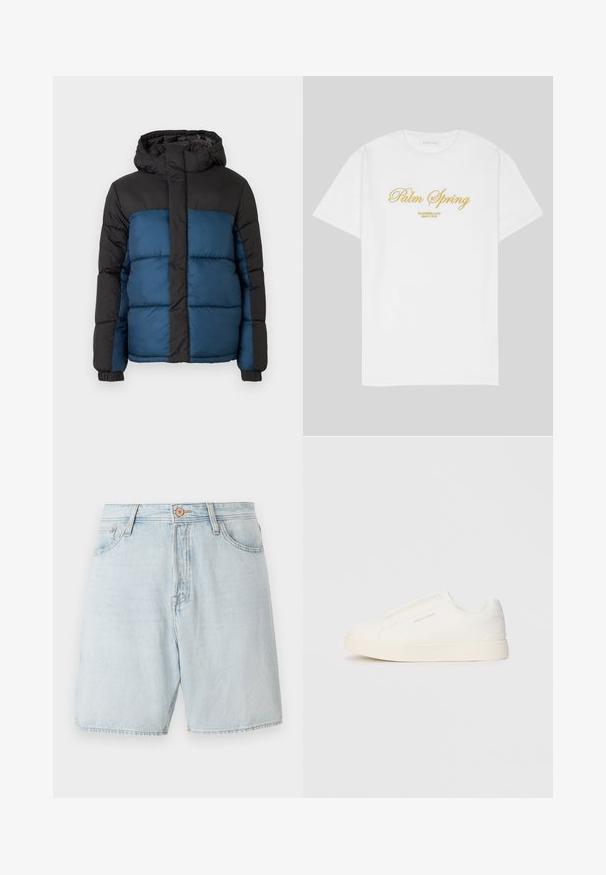 Padded jacket with a black hood and upper section, featuring a blue lower section. The design includes horizontal stitched panels and elastic cuffs.; White cotton t-shirt featuring gold text that reads "Palm Spring" with "California Love Eighty Five" below, relaxed fit, crew neck design.; Light blue denim shorts with a high waist, five-pocket design, and contrasting stitching. Features a classic button and zip fly closure.; White slip-on sneakers with a textured surface, a thick sole, and minimalistic design. Features brand logo on the side.