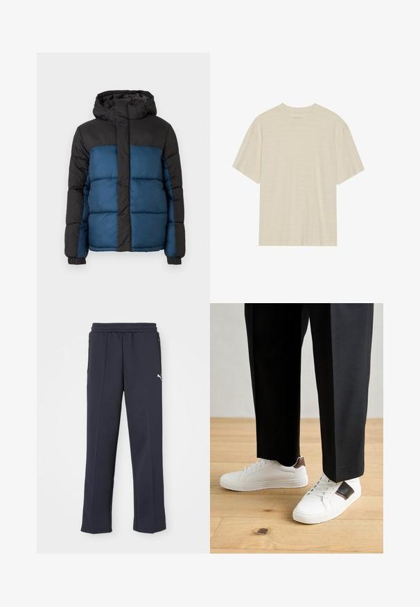 Párnázott kabát fekete kapucnival és felső résszel, kék alsó résszel. A dizájn vízszintesen varrott panelekből és elasztikus mandzsettákból áll.; Krém színű, rövid ujjú póló, finom csíkozott textúrával és kerek nyakkivágással, könnyű anyagból készült.; Sötétkék sportnadrág puha anyagból, húzózsinóros derékkal, oldalsó cipzáras zsebekkel és egy diszkrét fehér logóval a bal lábszáron.; Fehér sneaker, sima textúrával, barna bőr díszítéssel és fekete részletekkel, fekete szabott nadrággal párosítva. Fából készült padló háttér.