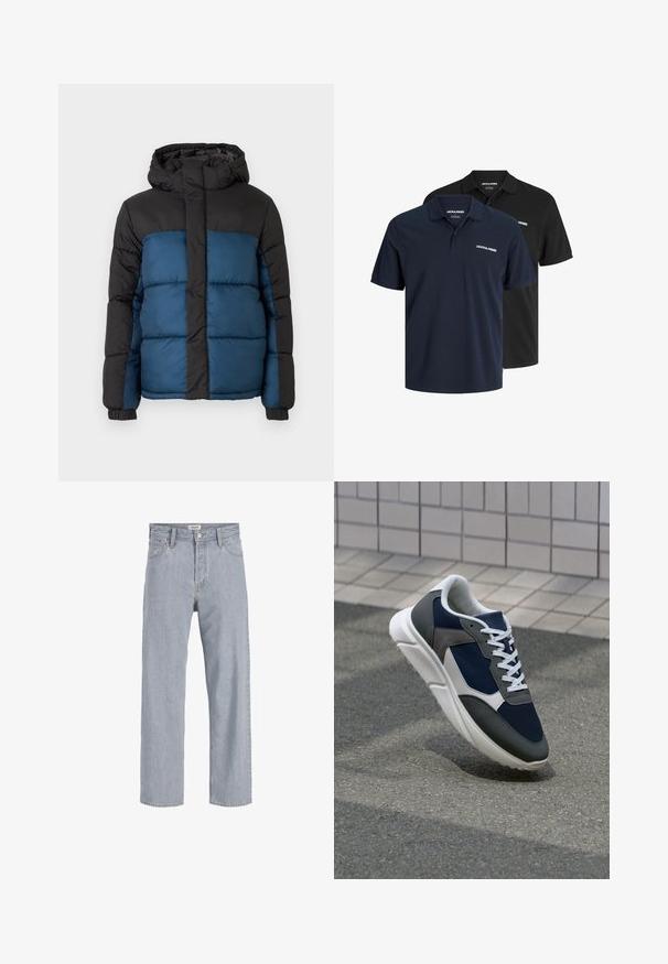 Padded jacket z czarnym kapturem i górną częścią, charakteryzująca się niebieską dolną częścią. Projekt zawiera poziomo przeszywane panele oraz elastyczne mankiety.; Dwie koszulki polo: jedna granatowa z białym logo i jedna czarna. Obie mają klasyczny kołnierzyk i krótkie rękawy, wykonane z lekkiego materiału.; Jasnoniebieskie dżinsy o luźnym kroju, prostych nogawkach, widocznym szwie, dwóch przednich kieszeniach i zapięciu na guzik.; Sneakers z granatową siateczkową cholewką, szarymi zamszowymi akcentami, białą gumową podeszwą i płaskimi białymi sznurówkami, zaprojektowane z myślą o komforcie i wentylacji.