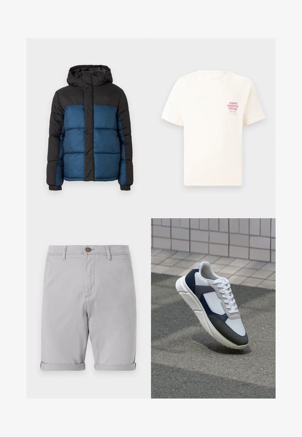 Casaco acolchoado com capuz preto e parte superior, apresentando uma parte inferior azul. O design inclui painéis horizontais acolchoados e punhos elásticos.; T-shirt branca de mangas curtas com o texto vermelho "Edição Originais do Estúdio" no lado esquerdo do peito, apresentada sobre um fundo cinza neutro.; Calções de algodão cinza claro com punhos dobrados, fecho frontal com um único botão e bolsos laterais, apresentando uma textura suave e um design ajustado.; Sapatilhas brancas, azuis-marinho e cinzas com um design de materiais mistos, apresentando uma parte superior texturizada, atacadores planos e uma sola acolchoada.