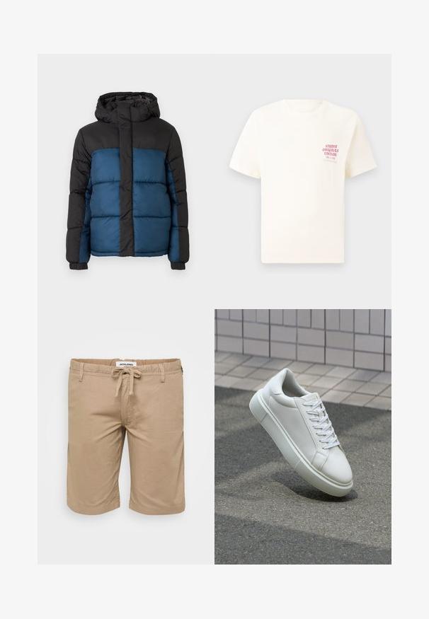 Padded jakna s crnom kapuljačom i gornjim delom, sa plavim donjim delom. Dizajn uključuje horizontalne šivane panele i elastične manžete.; Bijela kratka majica s kratkim rukavima s crvenim natpisom "Studio Originals Edition" na lijevoj strani grudi, prikazana na neutralnoj sivoj pozadini.; Bež kratke hlače od laganog materijala, s elastičnim remenom koji se može stegnuti, bočnim džepovima i ležernim krojem.; Bijela kožna tenisica s glatkom površinom, okruglim vrhom i ravnim bijelim vezicama. Ima teksturiran gumeni potplat i minimalne dizajnerske elemente.