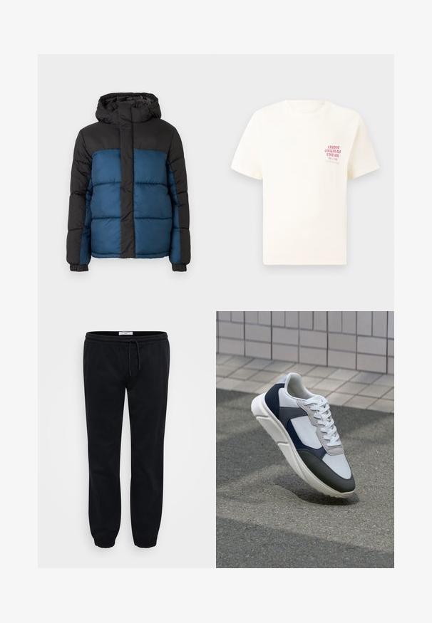 Πλυμένο μπουφάν με μαύρη κουκούλα και ανώτερο τμήμα, που διαθέτει μπλε κάτω τμήμα. Ο σχεδιασμός περιλαμβάνει οριζόντιες ραμμένες πάνελ και ελαστικούς καρπούς.; Άσπρη κοντομάνικη μπλούζα με κόκκινο κείμενο "Studio Originals Edition" στο αριστερό στήθος, παρουσιασμένη σε ουδέτερο γκρι φόντο.; Μαύρες φόρμες κατασκευασμένες από μαλακό βαμβάκι με ελαστική μέση και κορδόνι. Διαθέτουν ελαστικούς αστραγάλους και πλαϊνές τσέπες για χρηστικότητα.; Λευκά, ναυτικά και γκρι sneakers με σχέδιο από μικτά υλικά, που διαθέτουν υφή στο πάνω μέρος, επίπεδα κορδόνια και μαλακή σόλα.