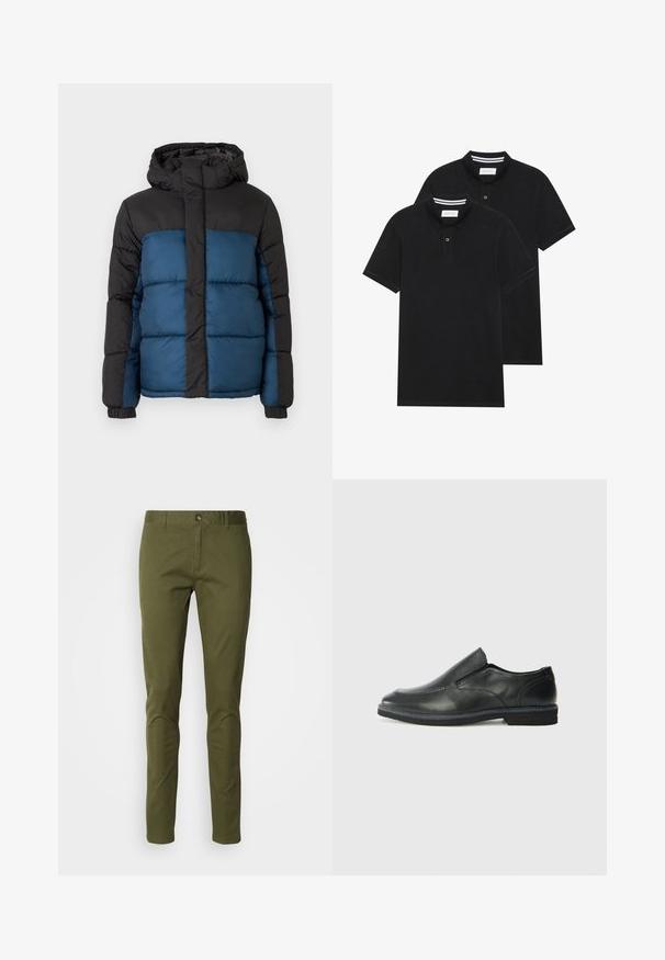 Giacca imbottita con cappuccio nero e parte superiore nera, caratterizzata da una parte inferiore blu. Il design include pannelli cuciti orizzontali e polsini elastici.; Due magliette polo nere, con maniche corte, in cotone, con colletto classico, pattina a due bottoni e dettagli a righe bianche all'interno del colletto.; Chinos verde oliva realizzati in tessuto misto cotone, con una vestibilità dritta, chiusura con zip e tasche frontali. Tessuto liscio con dettagli minimi.; Scarpa nera in pelle con inserto scivolare, superiore liscio, dettagli cuciti, punta arrotondata e tacco in gomma basso. La suola presenta un battistrada minimale.