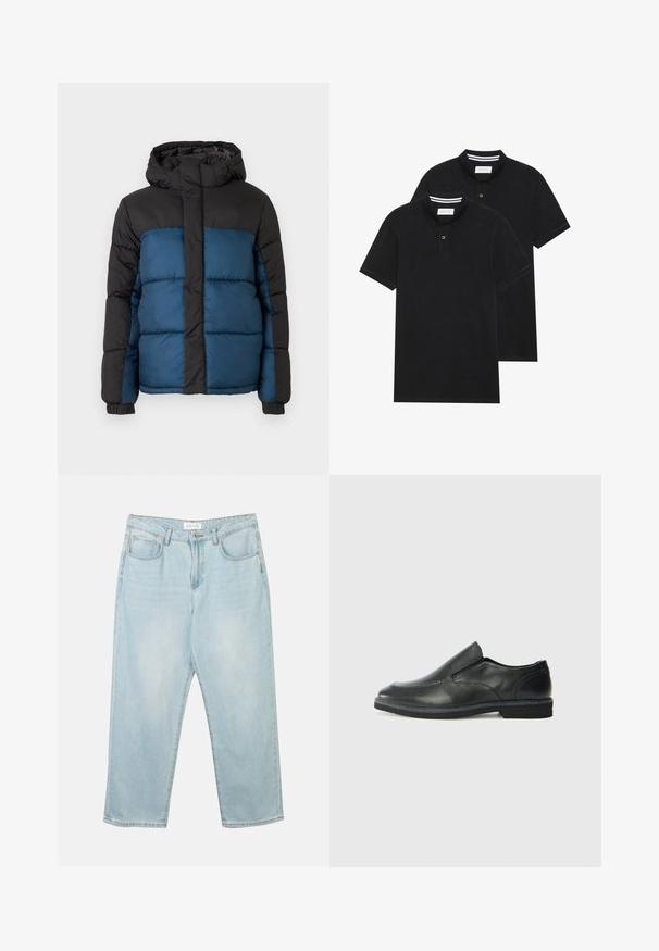 Pufota jaka ar melnu kapuci un augšējo daļu, kas aprīkota ar zilu apakšējo daļu. Dizainu veido horizontāli šūti paneļi un elastīgas aproces.; Divas melnas polo krekli, īsām piedurknēm, no kokvilnas materiāla, ar klasisku apkakli, divu pogu aizdari un balti svītroti akcenti apkakles iekšpusē.; Gai zilo džinsu bikses ar brīvu griezumu, piecām kabatām, pogu aizdari un vieglu izbalējumu. Audumam ir gluda un nedaudz valkāta tekstūra.; Melnas ādas slip-on kurpes ar gludu augšdaļu, izšūtām akcentiem, noapaļotu purngala daļu un zemu gumijas papēdi. Zole ar minimālu rakstu.