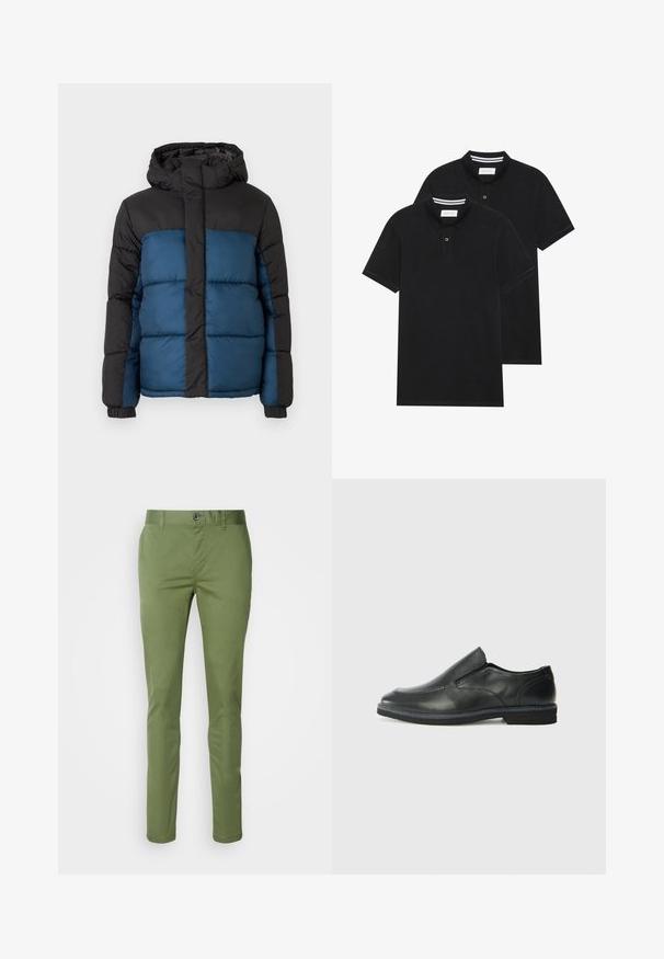 Polstret jakke med svart hette og øverste del, med en blånedre del. Designet inkluderer horisontale sømmer og elastiske mansjetter.; To svarte polo skjorter, kortermet, i bomullsmateriale, med krage i klassisk stil, to-knapps knappestolpe, og hvite striper inni kragen.; Grønne chinos med slim fit, laget av twill-stoff. Har knappelukking og sidelommer, med en glatt tekstur og skreddersydd design.; Sorte skinn slip-on sko med en jevn overflate, stikking detaljer, rund tå og en lav gummihæl. Sålen har minimal mønstring.