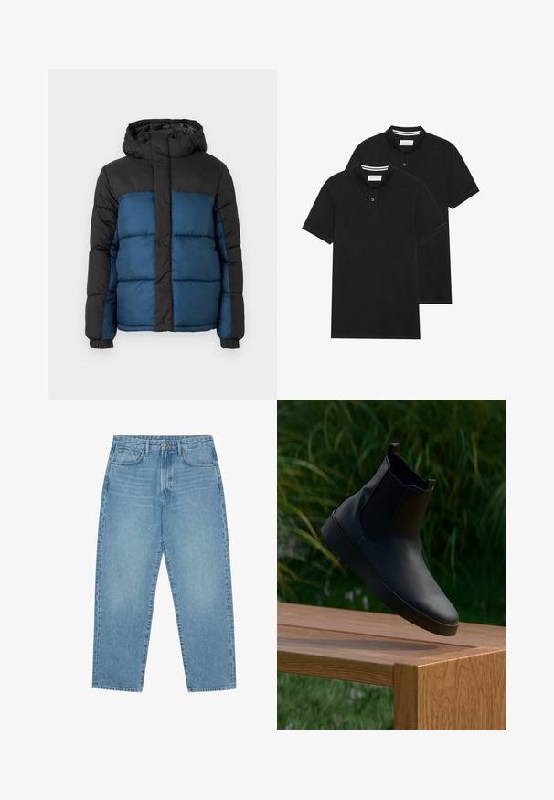 Polstret jakke med svart hette og øverste del, med en blånedre del. Designet inkluderer horisontale sømmer og elastiske mansjetter.; To svarte polo skjorter, kortermet, i bomullsmateriale, med krage i klassisk stil, to-knapps knappestolpe, og hvite striper inni kragen.; Lyseblå jeans i denim med rett ben, fem-lommers design og en lett falmet tekstur. Har knappe- og glidelåslukking.; Svart lær ankelstøvel med elastiske sidepaneler, glatt tekstur, avrundet tå og flat såle, plassert over et trebord mot frodig vegetasjon.