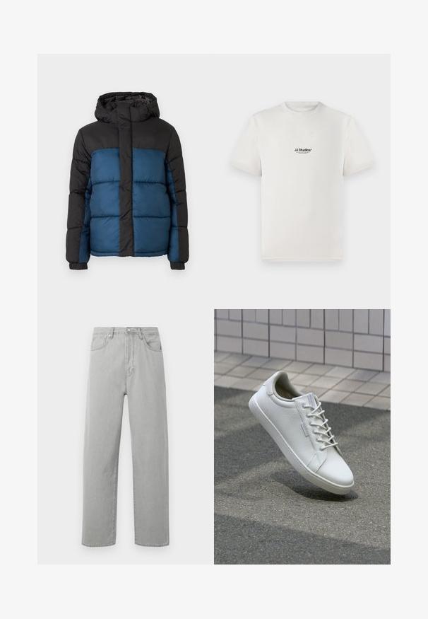 Casaco acolchoado com capuz preto e parte superior, apresentando uma parte inferior azul. O design inclui painéis horizontais acolchoados e punhos elásticos.; T-shirt de algodão branca com mangas curtas, apresentando um logótipo preto "JJ Studios" no peito. Design de gola redonda e ajuste padrão.; Jeans straight-leg cinza claro com cinco bolsos, fecho de zip e botão, exibidos contra um fundo branco.; Sapatilha branca feita de couro texturizado, com atacadores na parte da frente, sola de borracha resistente e design minimalista com biqueira reforçada.