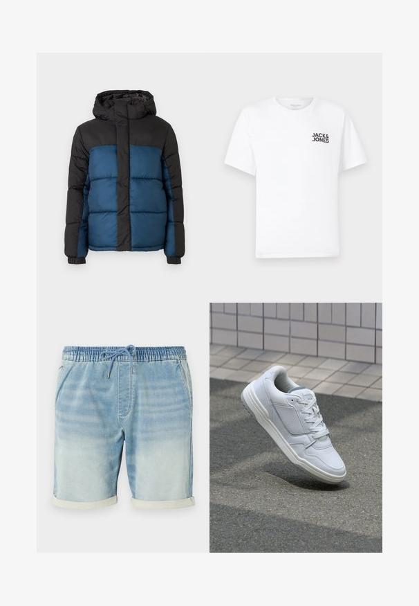 Vaatteet takki, jossa on musta huppu ja yläosa, sekä sininen alaosa. Suunnittelussa on vaakasuoria ommeltuja paneeleita ja joustavat hihansuut.; Valkoinen puuvillapaita, lyhyet hihat, pyöreä kaula-aukko. Vasemmassa rintakehässä musta tekstilogo "JACK & JONES". Yksinkertainen, neutraali muotoilu.; Vaaleansiniset farkkutrikoot, joissa on joustava vyötärö, naru suljenta, sivutaskut ja käännetyt helmapäät. Sileä pinta.; Valkoinen nahkakengät, joissa on rei'itetyt sivut, teksturoituja yksityiskohtia, tasaiset nauhat ja erottuva harmaa kanta. Varrella on hieman kohotettu pohja.