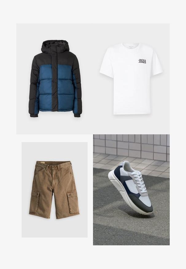 Pufota jaka ar melnu kapuci un augšējo daļu, kas aprīkota ar zilu apakšējo daļu. Dizainu veido horizontāli šūti paneļi un elastīgas aproces.; Balts kokvilnas t-krekls, īsām piedurknēm, apaļo kakla izgriezumu. Uz kreisās krūts daļas ir melna teksta druka "JACK & JONES". Vienkāršs, bezpušķains dizains.; Brūni kokvilnas krāsu šorti ar divām sānu kabatām ar vākiem, pogāju jostas daļu un brīvu piegriezumu. Gluda tekstūra.; Balti, tumši zili un pelēki sporta apavi ar jauktu materiālu dizainu, kuram ir teksturēts augšdaļa, plakani šņores un mīkstināta zole.