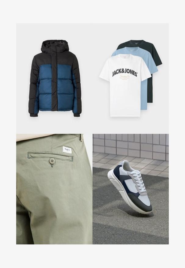 Padded jakna s crnom kapuljačom i gornjim delom, sa plavim donjim delom. Dizajn uključuje horizontalne šivane panele i elastične manžete.; Tri preklopljena majica kratkih rukava s okruglim izrezom u bijeloj boji s Jack & Jones logom, svijetloplava i crna, složene na bijeloj pozadini.; Svijetlo maslinasto zelene pamučne hlače s stražnjim džepom, koje imaju kopčanje na dugme i malu oznaku branda našivenu iznad džepa.; Bijela, mornarsko plava i siva tenisica s dizajnom od miješanih materijala, koja ima teksturirani gornji dio, ravne vezice i udoban đon.