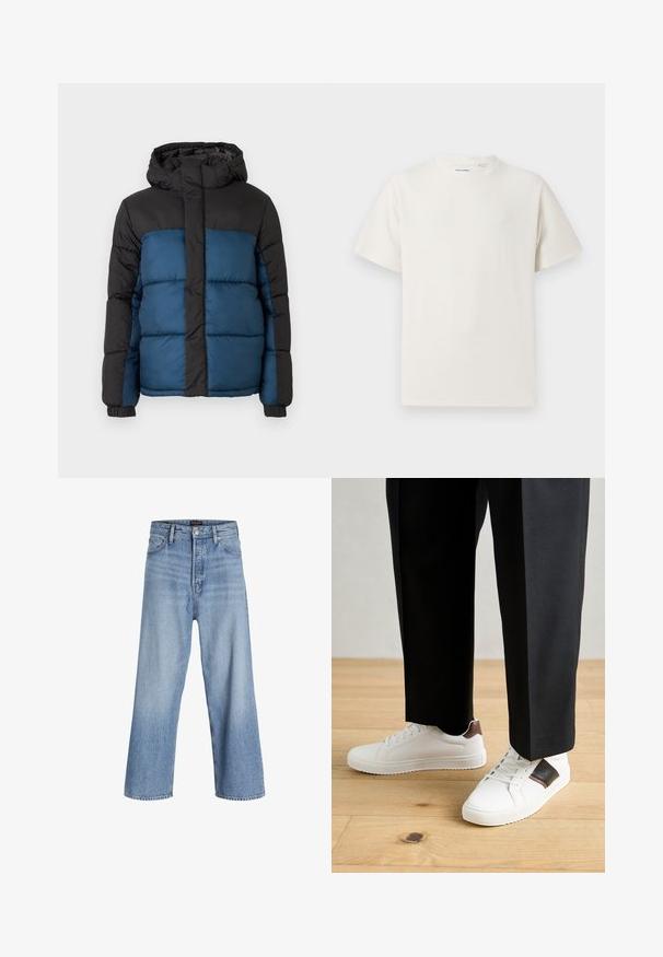 Paminkštintas švarkas su juodu gobtuvu ir viršutine dalimi, pasižymintis mėlyna apatine dalimi. Dizainą sudaro horizontalūs siuvimo segmentai ir elastiniai rankogaliai.; Balta trumpa rankovė T-polo marškinėlių su juostelėmis tekstūra. Apvalus iškirpimas, laisvas fasonas, jokių matomų raštų ar akcentų. Paprastas ir universalus dizainas.; Šviesiai mėlyni džinsai su plačiomis kojomis ir aukštu liemeniu, su sagų užsegimu, penkių kišenių dizainu ir subtiliu nudilimu. Švariai apkarpytas apvadas.; Balti sportbačiai su glotnia danga, puošti rudais odiniais akcentais ir juodais detalėmis, derinami su juodais pritaikytais kelnėmis. Medinių grindų fonas.