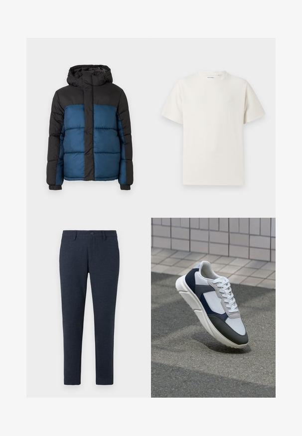 Casaco acolchoado com capuz preto e parte superior, apresentando uma parte inferior azul. O design inclui painéis horizontais acolchoados e punhos elásticos.; T-shirt branco de manga curta em textura canelada. Gola redonda, ajuste descontraído, sem padrões ou detalhes visíveis. Design simples e versátil.; Calças escuras de ajuste slim em azul-marinho, com passadores de cinto, fecho de botão frontal e bolsos frontais, exibidas sobre um fundo branco.; Sapatilhas brancas, azuis-marinho e cinzas com um design de materiais mistos, apresentando uma parte superior texturizada, atacadores planos e uma sola acolchoada.