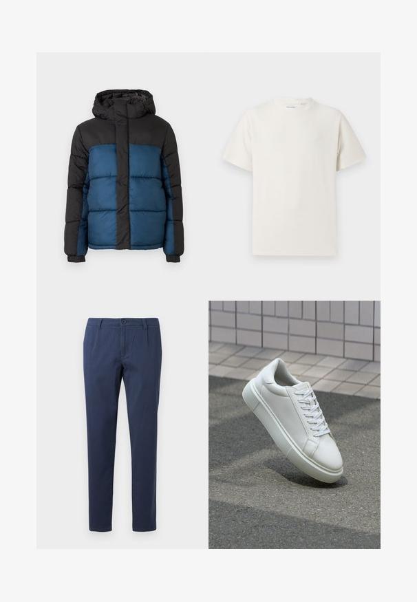 Casaco acolchoado com capuz preto e parte superior, apresentando uma parte inferior azul. O design inclui painéis horizontais acolchoados e punhos elásticos.; T-shirt branco de manga curta em textura canelada. Gola redonda, ajuste descontraído, sem padrões ou detalhes visíveis. Design simples e versátil.; Calças azul-marinho feitas de tecido leve, com fecho frontal por botão, duas bolsos laterais e um design de perna reta.; Tênis de couro branco com superfície lisa, bico redondo e cadarços brancos planos. Apresenta uma sola de borracha texturizada e elementos de design minimalistas.