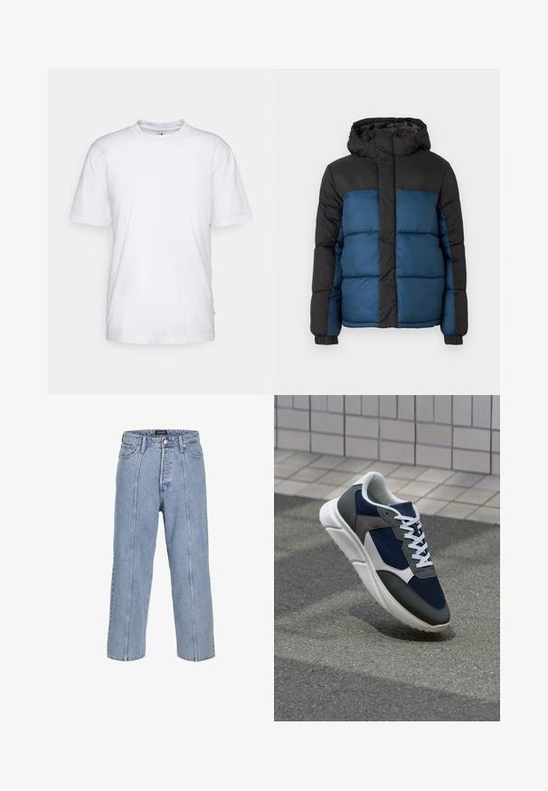 Polstret jakke med en sort hætte og øverste sektion, prydet med en blå nederste sektion. Designet inkluderer horisontalt syede paneler og elastiske manchetter.; Hvid bomulds t-shirt med rund hals, korte ærmer og lige kant. Har et lille mærke på den venstre sidesøm.; Lysblå denimjeans med løs pasform, brede ben og synlige syninger. Har knap- og lynlåslukning samt fem lommer.; Sneakers med en overdel i marineblå mesh, grå suedeteksturer, hvid gummisål og flade hvide snørebånd, designet til komfort og åndbarhed.