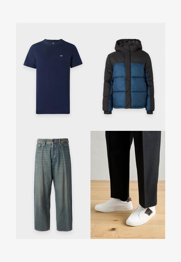 Polstret jakke med svart hette og øverste del, med en blånedre del. Designet inkluderer horisontale sømmer og elastiske mansjetter.; Marineblå bomull T-skjorte med korte ermer, rund hals og en liten brodert logo på brystet. Enkel design, ubarbert tekstur.; Lyseblå denimjeans med løs passform, midjehøyde og rette ben. Har fem lommer, beltehemper og knappelukking.; Hvite sneakers med glatt tekstur, med brune skinnakenter og svart detaljer, parret med svarte skreddersydde bukser. Bakgrunn med tregulv.