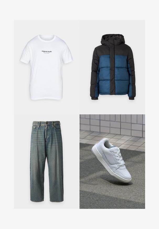 Pehmendatud jakker, millel on must kapuuts ja ülemine osa ning sinine alumine osa. Disain sisaldab horisontaalselt õmmeldud paneele ja elastseid varrukaid.; Valge puuvillane T-särk lühikeste varrukatega. Esiküljel on must printitud logo "Originals Studio". Klassikaline ümmargune kaelus.; Heledad sinine denim-stiilis teksad, volüümse lõike, keskmise kõrgusega talje ja sirgete säärega. Omab viit taskut, vöökumme ja nööpide sulgemist.; Valge nahkne toss, millel on perforeeritud külgedega, tekstuuriga aktsendid, lame pael ja kontrastne hall konts. Omab veidi tõstetud tallat.