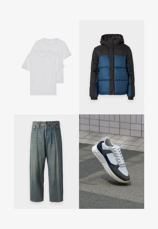 Casaco acolchoado com capuz preto e parte superior, apresentando uma parte inferior azul. O design inclui painéis horizontais acolchoados e punhos elásticos.; Duas t-shirts brancas de algodão com gola redonda, mangas curtas e uma textura suave. Ambas apresentam uma cor sólida e sem padrões ou metais visíveis.; Jeans de ganga azul claro com um corte solto, cintura média e pernas retas. Apresenta cinco bolsos, passadores de cinto e fecho com botão.; Sapatilhas brancas, azuis-marinho e cinzas com um design de materiais mistos, apresentando uma parte superior texturizada, atacadores planos e uma sola acolchoada.