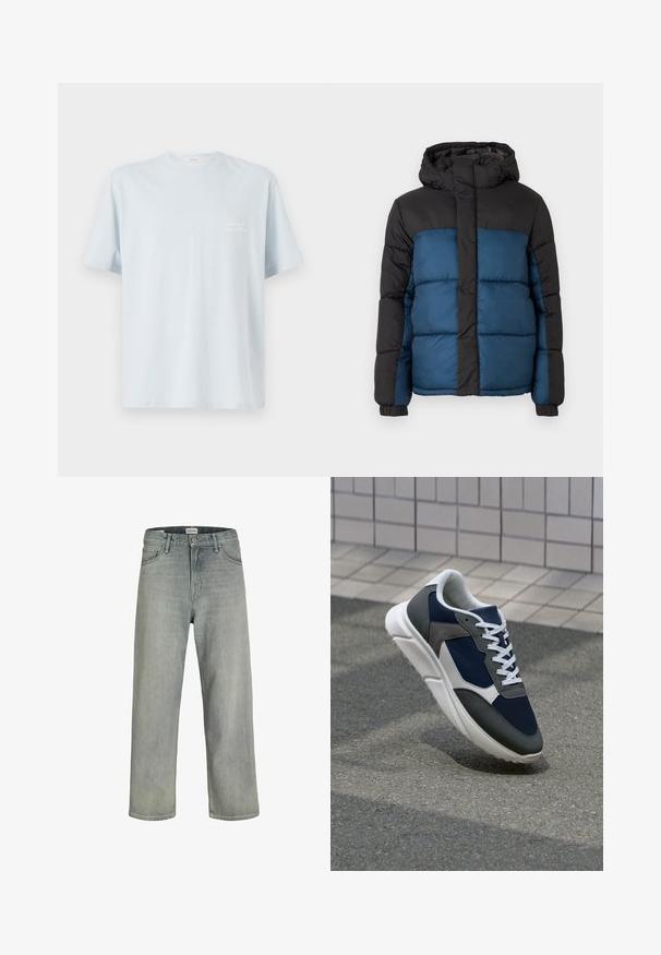 Padded jakna s crnom kapuljačom i gornjim delom, sa plavim donjim delom. Dizajn uključuje horizontalne šivane panele i elastične manžete.; Svijetloplava pamučna majica s okruglim izrezom i kratkim rukavima. Ima mali bijeli logotip na lijevoj strani prsnog područja. Glatka tekstura.; Svijetlosive, široke traperice napravljene od denima. Imaju klasičan dizajn s pet džepova, petlje za remen i ravni kroj nogavica.; Tenisice s gornjim dijelom od mrežastog materijala tamnoplave boje, siva antilopova naglašavanja, bijela gumena potplat i ravne bijele vezice, dizajnirane za udobnost i prozračnost.