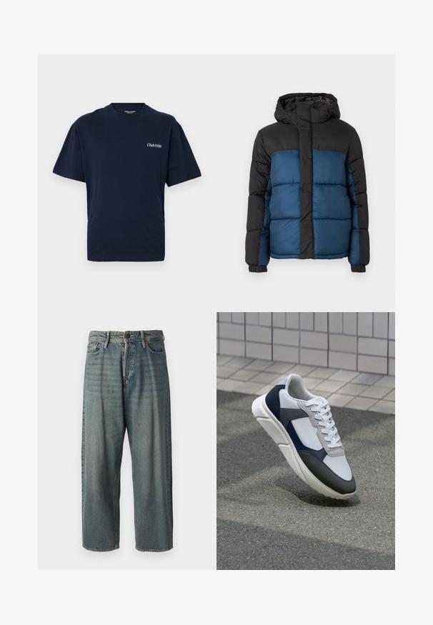 Polstret jakke med svart hette og øverste del, med en blånedre del. Designet inkluderer horisontale sømmer og elastiske mansjetter.; Marineblå bomulls t-skjorte med rund hals og korte ermer. Har hvit "Club1990" tekst på venstre brystområde. Enkel design.; Lyseblå denimjeans med løs passform, midjehøyde og rette ben. Har fem lommer, beltehemper og knappelukking.; Hvitt, marineblått og grått sportsko med en blandet materialdesign, som har en teksturert overdel, flate snørebånd og en polstret såle.