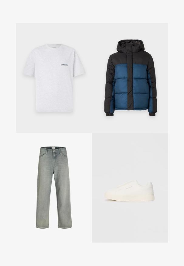 Párnázott kabát fekete kapucnival és felső résszel, kék alsó résszel. A dizájn vízszintesen varrott panelekből és elasztikus mandzsettákból áll.; Szürke, rövid ujjú póló, amelyen a bal mellrészen egy kis kék "project core" logó látható, egy sima háttér előtt.; Világosszürke, laza szabású farmernadrág. Klasszikus öt zsebes dizájn, övhurkok és egyenes szárú fazon jellemzi.; Fehér slip-on sportcipők texturált felülettel, vastag talppal és minimalista dizájnnal. Az oldalon a márka logója található.