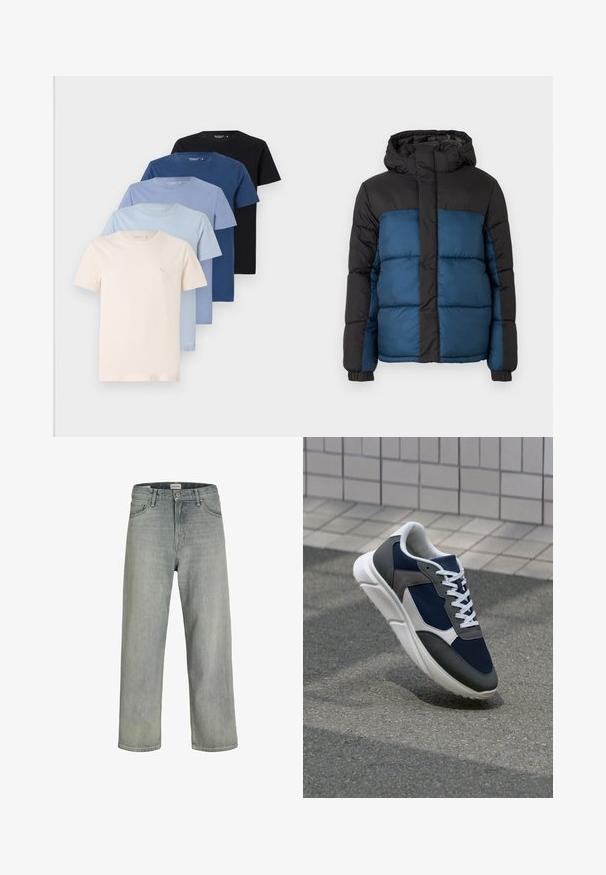 Gepolsterte Jacke mit schwarzer Kapuze und oberem Bereich, der einen blauen unteren Bereich hat. Das Design umfasst horizontal genähte Paneele und elastische Bündchen.; Kollektion von fünf Rundhalsausschnitt-T-Shirts in Cremetönen, Hellblau, Dunkelblau und Schwarz, aus weichem Baumwollmaterial, mit schlichtem Design.; Hellgraue, locker sitzende Jeans aus Denim. Verfügt über ein klassisches Fünf-Taschen-Design, Gürtelschlaufen und eine gerade Bein-Silhouette.; Sneaker mit einem Obermaterial aus navyblauem Mesh, grauen Wildlederelementen, einer weißen Gummisohle und flachen weißen Schnürsenkeln, entworfen für Komfort und Atmungsaktivität.