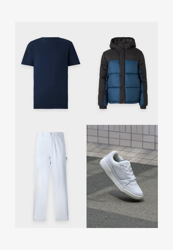 Padded jacket s čiernou kapucňou a hornou časťou, s modrou spodnou časťou. Dizajn obsahuje horizontálne prešité panely a elastické manžety.; Námornícky modré bavlnené tričko s krátkymi rukávmi, klasickým výstrihom a bežným strihom. Hladká textúra, žiadne vzory ani viditeľné detaily.; Svetlomodré pruhované nohavice vyrobené z bavlny. Rovno strihaný dizajn, s predným gombíkovým zapínaním a bočnými vreckami. Mäkčká textúra.; Biele kožené tenisky s perforovanými stranami, textúrovanými akcentmi, plochými šnúrkami a kontrastnou sivou pätou. Majú mierne zvýšenú podrážku.