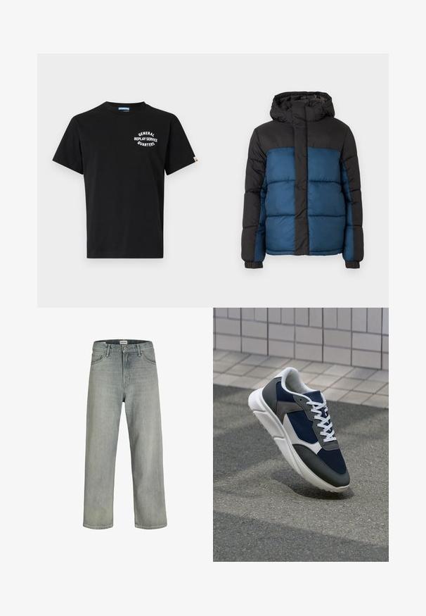 Vaatteet takki, jossa on musta huppu ja yläosa, sekä sininen alaosa. Suunnittelussa on vaakasuoria ommeltuja paneeleita ja joustavat hihansuut.; Mustapaitainen puuvillapaita, lyhyillä hihoilla ja pyöreällä kaula-aukolta. Rinnassa valkoiset tekstit "YLEINEN PALVELUOSASTO".; Vaaleanharmaat, löysät farkut, jotka on valmistettu denimistä. Ominaisuuksiin kuuluu klassinen viiden taskun muotoilu, vyölenkit ja suora lahjetyyli.; Kengät, joissa on tummansininen verkkopäällinen, harmaat mokka-yksityiskohdat, valkoinen kumipohja ja litteät valkoiset nauhat, suunniteltu mukavuutta ja hengittävyyttä varten.