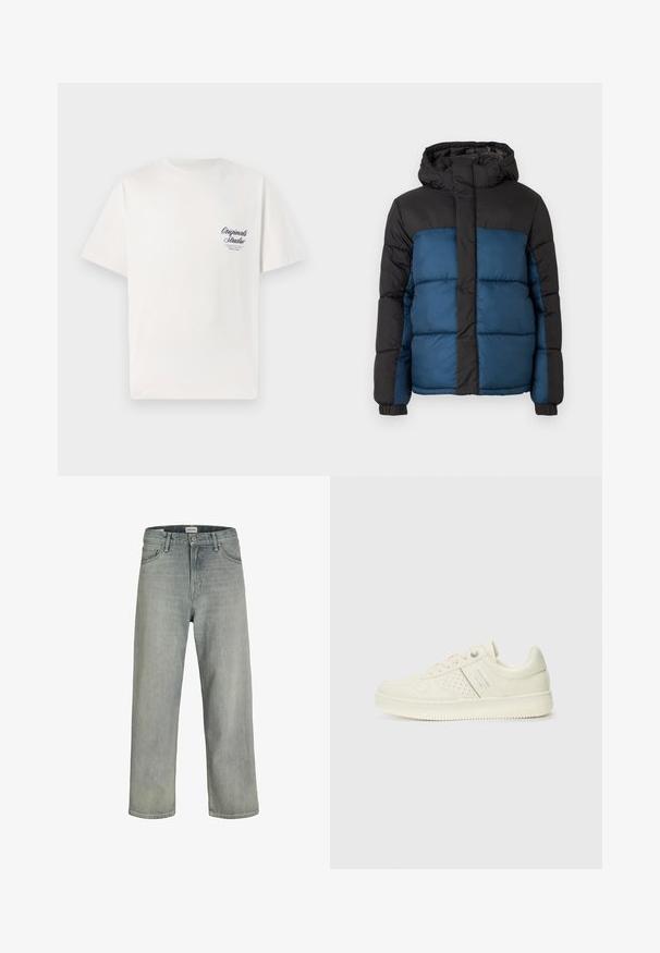 Vaatteet takki, jossa on musta huppu ja yläosa, sekä sininen alaosa. Suunnittelussa on vaakasuoria ommeltuja paneeleita ja joustavat hihansuut.; Valkoinen puuvillapaita lyhyillä hihoilla, jossa on pieni tummansininen painettu logo vasemmassa rintataskussa. Klassinen pyöreä kauluskansio.; Vaaleanharmaat, löysät farkut, jotka on valmistettu denimistä. Ominaisuuksiin kuuluu klassinen viiden taskun muotoilu, vyölenkit ja suora lahjetyyli.; Valkokoska sneaker, jossa on rei'itettyjä yksityiskohtia, nauhat ja logo sivussa, esillä tasaisella valkoisella taustalla.