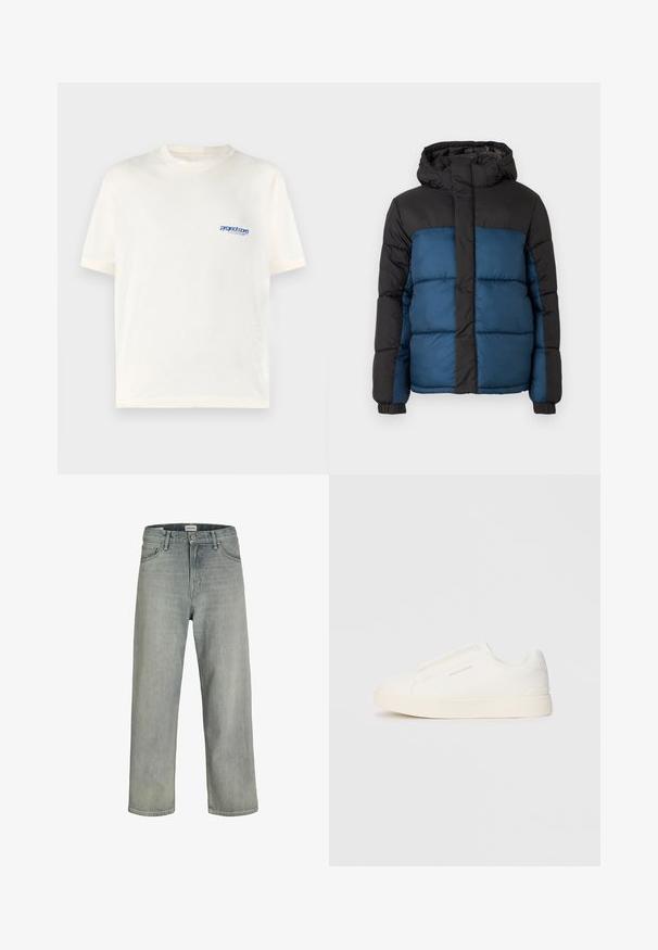 Padded jacket with a black hood and upper section, featuring a blue lower section. The design includes horizontal stitched panels and elastic cuffs.; Cream short-sleeve t-shirt made of soft cotton, featuring a small blue printed logo on the left chest area. Classic crew neck design.; Light gray, loose-fitting jeans made of denim. Features a classic five-pocket design, belt loops, and a straight leg silhouette.; White slip-on sneakers with a textured surface, a thick sole, and minimalistic design. Features brand logo on the side.