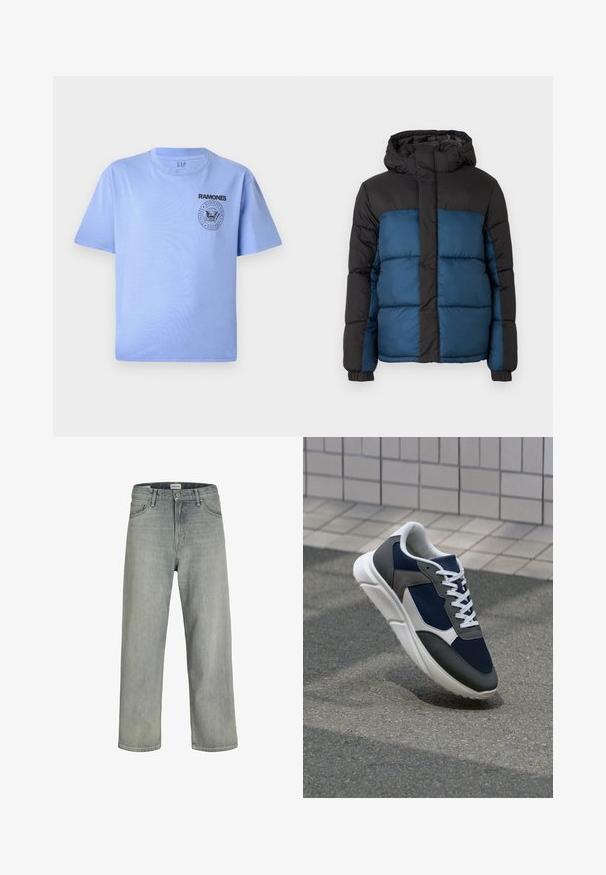 Pehmendatud jakker, millel on must kapuuts ja ülemine osa ning sinine alumine osa. Disain sisaldab horisontaalselt õmmeldud paneele ja elastseid varrukaid.; Heled sinine puuvillane T-särk lühikeste varrukatega, ümmargune kaelus ja must "Ramones" logo trükk vasakul rinna piirkonnas. Sile tekstuur.; Heledad hallhallid, laia lõikega denimist teksased. Omavad klassikalist viie tasku disaini, vööloopse ja sirget säärelõiget.; Sneaker, mille sinine võrkkangas, hallid nubukdetailid, valge kummitald ja lamedad valged paelad, disainitud mugavuseks ja hingavuseks.