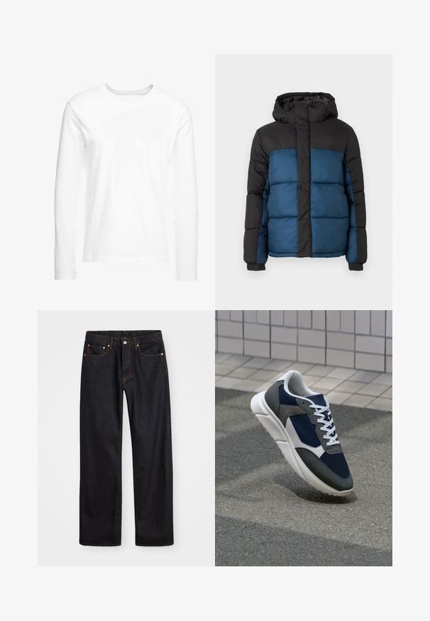 Padded jacket with a black hood and upper section, featuring a blue lower section. The design includes horizontal stitched panels and elastic cuffs.; Long-sleeve white t-shirt made of soft cotton. Crew neckline with straight cut hems and no visible patterns or graphics.; Men’s straight-leg black denim jeans with five pockets and orange stitching, button and zip closure on front waistband.; Sneaker featuring a navy blue mesh upper, gray suede accents, white rubber sole, and flat white laces, designed for comfort and breathability.