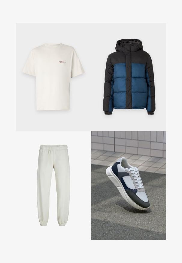 Padded jacket s čiernou kapucňou a hornou časťou, s modrou spodnou časťou. Dizajn obsahuje horizontálne prešité panely a elastické manžety.; Krémové bavlnené tričko s krátkymi rukávmi, s malou červenou potlačou loga na ľavej hrudi. Jednoduchý, klasický dizajn.; Biele teplákové nohavice vyrobené z mäkkej textílie, s elastickým pásom a manžetami, s hladkým povrchom a voľným strihom.; Biele, námornícke a šedé tenisky s kombinovaným materiálom, so štruktúrovaným zvrškom, plochými šnúrkami a polstrovanou podošvou.