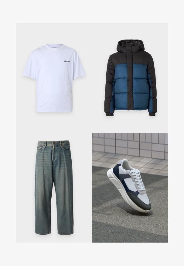 Polstret jakke med svart hette og øverste del, med en blånedre del. Designet inkluderer horisontale sømmer og elastiske mansjetter.; Hvit bomulls T-skjorte med korte ermer, rund hals, og "Club1990" trykt i svart på venstre brystområde. Ledig passform.; Lyseblå denimjeans med løs passform, midjehøyde og rette ben. Har fem lommer, beltehemper og knappelukking.; Hvitt, marineblått og grått sportsko med en blandet materialdesign, som har en teksturert overdel, flate snørebånd og en polstret såle.