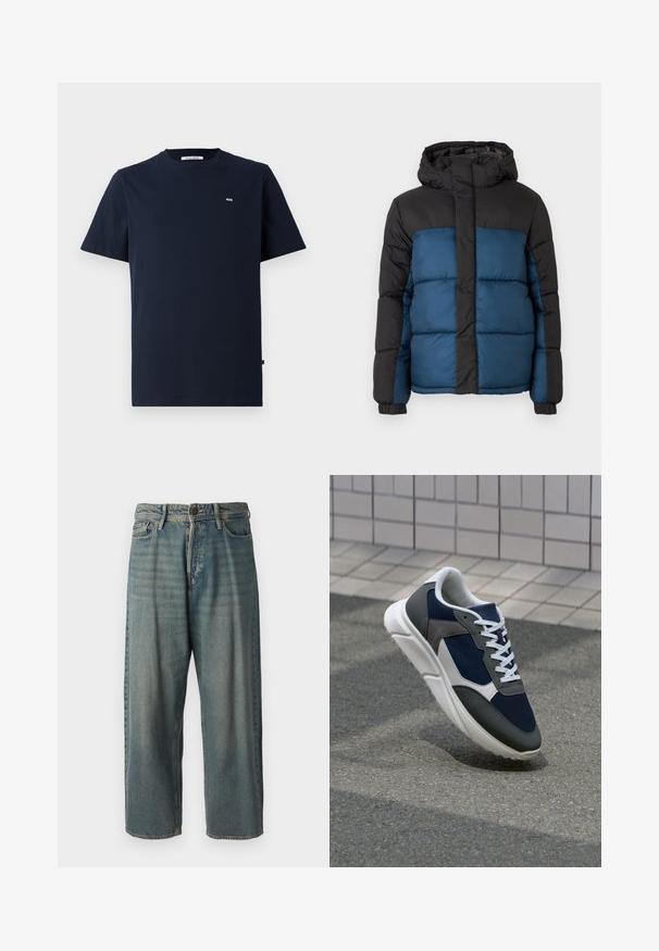 Pletená bunda s černou kapucí a horní částí, s modrou dolní částí. Design zahrnuje horizontálně prošité panely a elastické manžety.; Námořnická modrá bavlněná tričko s krátkým rukávem, kulatým výstřihem, jemným logem "WW" na hrudi a rovnym lemem. Hladká textura, ležérní design.; Světle modré denimové džíny s volným střihem, středně vysokým pasem a rovnými nohavicemi. Obsahují pět kapes, poutka na opasek a zapínání na knoflík.; Tenisky s horní částí z námornicky modré síťoviny, šedými semišovými akcenty, bílou gumovou podrážkou a plochými bílými tkaničkami, navržené pro pohodlí a prodyšnost.