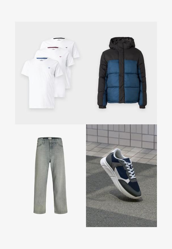 Polstret jakke med en sort hætte og øverste sektion, prydet med en blå nederste sektion. Designet inkluderer horisontalt syede paneler og elastiske manchetter.; Hollister Co. Icon Crew T-Shirt 3-Pack - T-shirts basic - white; Lysegrå, løstsiddende jeans lavet af denim. Har et klassisk fem-lomme design, bæltestropper og en lige ben silhuet.; Sneakers med en overdel i marineblå mesh, grå suedeteksturer, hvid gummisål og flade hvide snørebånd, designet til komfort og åndbarhed.