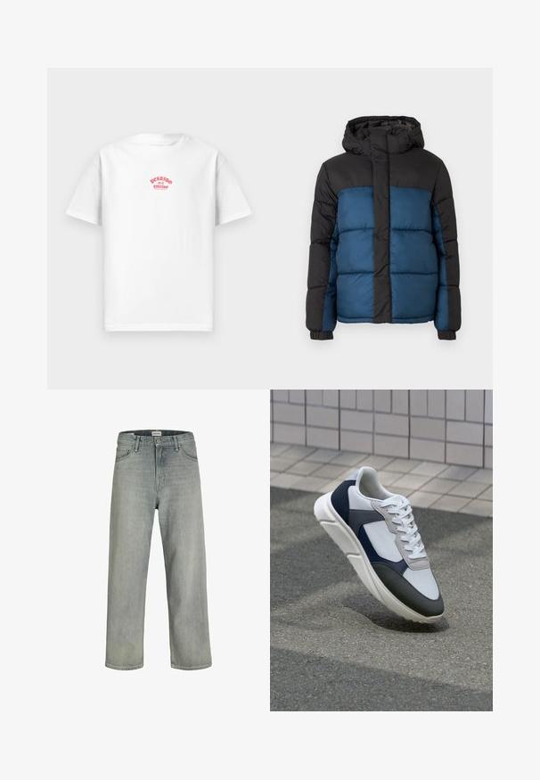 Padded jacket s čiernou kapucňou a hornou časťou, s modrou spodnou časťou. Dizajn obsahuje horizontálne prešité panely a elastické manžety.; Biela bavlnená tričko s červeným potlačou so slovami "Perdido en el paraíso" naprieč hrudníkom, krátke rukávy, uvoľnený strih.; Svetlošedé džíny vo voľnom strihu vyrobené z denimu. Obsahujú klasický dizajn s piatimi vreckami, pútka na opasok a strih rovného nohavice.; Biele, námornícke a šedé tenisky s kombinovaným materiálom, so štruktúrovaným zvrškom, plochými šnúrkami a polstrovanou podošvou.