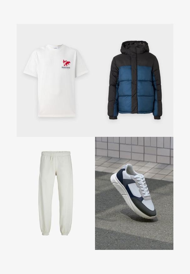 Padded jacket with a black hood and upper section, featuring a blue lower section. The design includes horizontal stitched panels and elastic cuffs.; White cotton t-shirt featuring a red cowboy and horse graphic on the left chest with "RODEO DAYS" text beneath the design.; White sweatpants made from soft fabric, featuring an elastic waistband and cuffs, with a smooth texture and loose-fitting design.; White, navy, and gray sneaker with a mixed material design, featuring a textured upper, flat laces, and a cushioned sole.