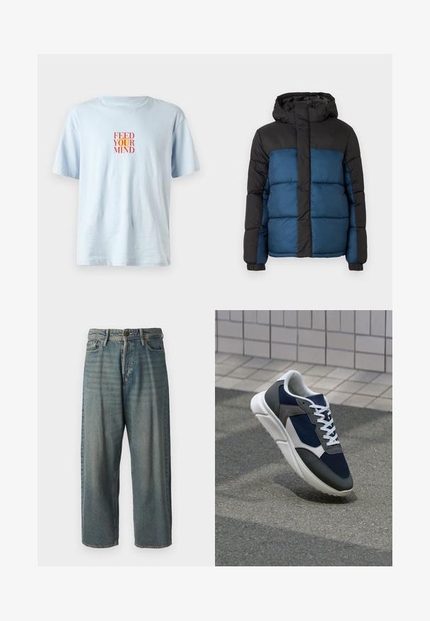 Casaco acolchoado com capuz preto e parte superior, apresentando uma parte inferior azul. O design inclui painéis horizontais acolchoados e punhos elásticos.; T-shirt de gola redonda azul claro feito de tecido macio, apresentando um gráfico de texto ousado em vermelho e laranja que diz "ALIMENTE A SUA MENTE" na frente.; Jeans de ganga azul claro com um corte solto, cintura média e pernas retas. Apresenta cinco bolsos, passadores de cinto e fecho com botão.; Sapatilha com parte superior em malha azul-marinho, detalhes em camurça cinza, sola de borracha branca e atacadores brancos planos, projetada para conforto e respirabilidade.