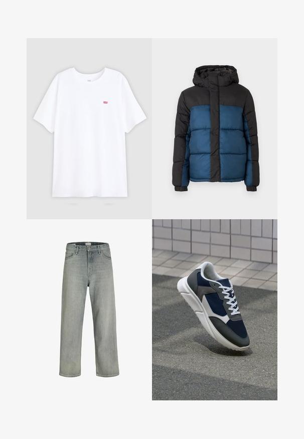 Vaatteet takki, jossa on musta huppu ja yläosa, sekä sininen alaosa. Suunnittelussa on vaakasuoria ommeltuja paneeleita ja joustavat hihansuut.; Valkoinen puuvillapaita lyhythihaisilla ja pyöreällä kaula-aukolla. Paita sisältää pienen punaisen Levi's-logon vasemmalla rinnalla. Tasainen muotoilu, ei kuvioita.; Vaaleanharmaat, löysät farkut, jotka on valmistettu denimistä. Ominaisuuksiin kuuluu klassinen viiden taskun muotoilu, vyölenkit ja suora lahjetyyli.; Kengät, joissa on tummansininen verkkopäällinen, harmaat mokka-yksityiskohdat, valkoinen kumipohja ja litteät valkoiset nauhat, suunniteltu mukavuutta ja hengittävyyttä varten.