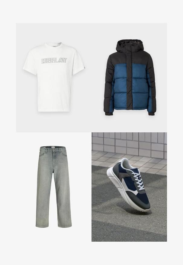 Pehmendatud jakker, millel on must kapuuts ja ülemine osa ning sinine alumine osa. Disain sisaldab horisontaalselt õmmeldud paneele ja elastseid varrukaid.; Valge puuvillane T-särk, mille esiküljel on erksinine "REPLAY" graafika, lühikeste varrukatega ja ümar kaelus. Pehme tekstuur ja regulaarselt sobiv mudel.; Heledad hallhallid, laia lõikega denimist teksased. Omavad klassikalist viie tasku disaini, vööloopse ja sirget säärelõiget.; Sneaker, mille sinine võrkkangas, hallid nubukdetailid, valge kummitald ja lamedad valged paelad, disainitud mugavuseks ja hingavuseks.
