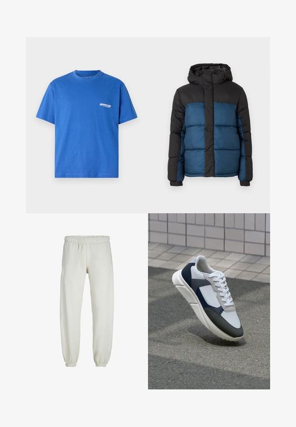 Gevoerde jas met een zwarte capuchon en bovenstuk, met een blauwe onderkant. Het ontwerp heeft horizontaal gestikte panelen en elastische manchetten.; Blauwe katoenen T-shirt met korte mouwen, ronde hals en klein wit logo op de linker borst. Soepele textuur, standaard pasvorm.; Witte sweatpants gemaakt van zachte stof, met een elastische tailleband en boorden, een gladde textuur en een losvallend ontwerp.; Witte, marineblauwe en grijze sneaker met een gemengde materiaald ontwerp, met een gestructureerde bovenkant, platte veters en een gevoerde zool.