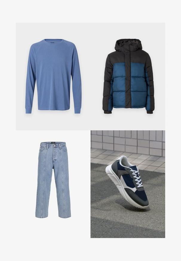 Padded jacket with a black hood and upper section, featuring a blue lower section. The design includes horizontal stitched panels and elastic cuffs.; Long-sleeve, crew-neck shirt in light blue, featuring a textured ribbed design and raglan sleeves with fitted cuffs.; Light blue denim jeans with a loose fit, wide legs, and visible stitching details. Features a button and zip fly closure, five pockets.; Sneaker featuring a navy blue mesh upper, gray suede accents, white rubber sole, and flat white laces, designed for comfort and breathability.