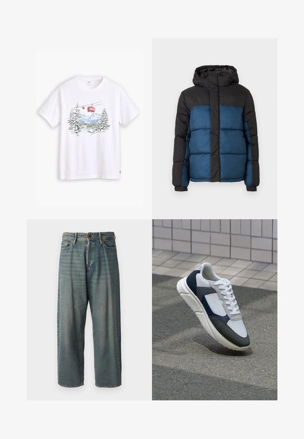 Pehmendatud jakker, millel on must kapuuts ja ülemine osa ning sinine alumine osa. Disain sisaldab horisontaalselt õmmeldud paneele ja elastseid varrukaid.; Levi's® RELAXED FIT - Trükipildiga T-särk - white; Heledad sinine denim-stiilis teksad, volüümse lõike, keskmise kõrgusega talje ja sirgete säärega. Omab viit taskut, vöökumme ja nööpide sulgemist.; Valge, mereväe sinine ja hall spordijalats, millel on segatud materjalide disain, tekstureeritud ülemine osa, lame pael ja pehme talla.