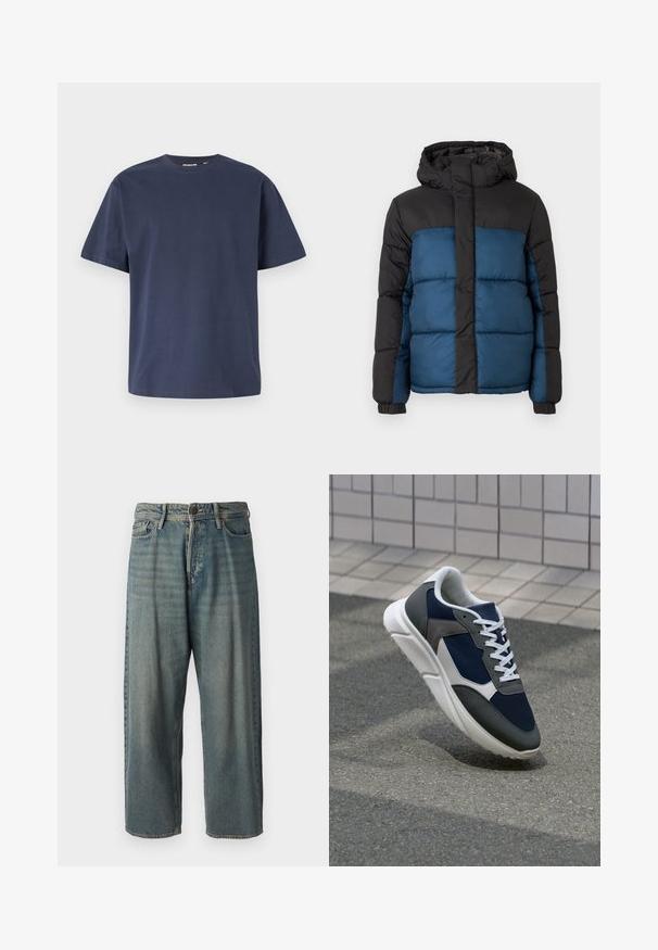 Casaco acolchoado com capuz preto e parte superior, apresentando uma parte inferior azul. O design inclui painéis horizontais acolchoados e punhos elásticos.; T-shirt de algodão azul-marinho com gola redonda e mangas curtas. Textura suave, corte reto e costuras mínimas, proporcionando um design clássico.; Jeans de ganga azul claro com um corte solto, cintura média e pernas retas. Apresenta cinco bolsos, passadores de cinto e fecho com botão.; Sapatilha com parte superior em malha azul-marinho, detalhes em camurça cinza, sola de borracha branca e atacadores brancos planos, projetada para conforto e respirabilidade.