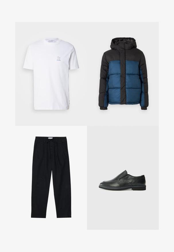 Podložena jakna s črno kapuco in zgornjim delom ter modrim spodnjim delom. Oblikovanje vključuje horizontalno šivane panele in elastične manšete.; Bela bombažna majica s kratkimi rokavi, ki prikazuje majhen modri grafični motiv dveh kozarcov in besedo "CHEERS" natisnjeno pod njim.; Pier One Hlače chino - black; Črne usnjene natikače z gladkim zgornjim delom, prišitimi detajli, zaobljenim nosom in nizkim gumijastim petkom. Podplat ima minimalen profil.