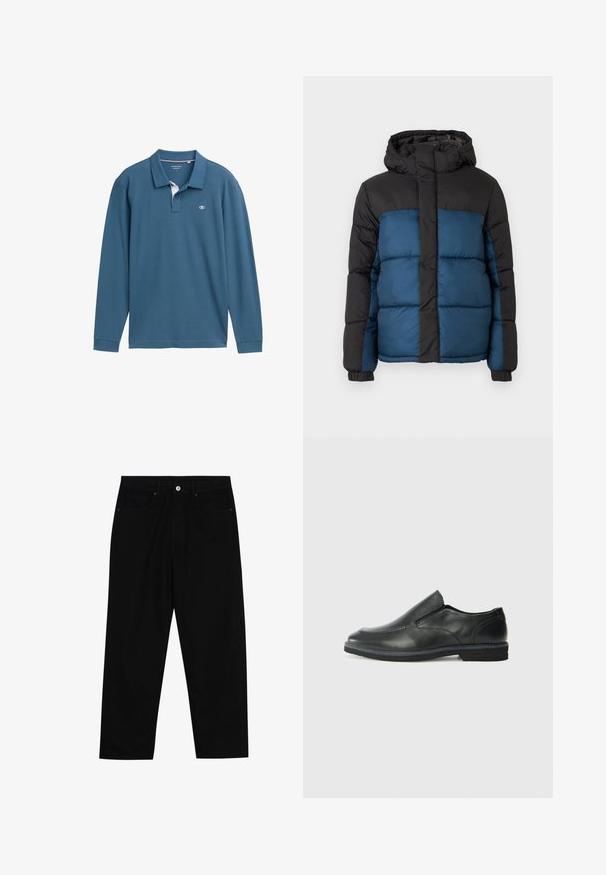 Paminkštintas švarkas su juodu gobtuvu ir viršutine dalimi, pasižymintis mėlyna apatine dalimi. Dizainą sudaro horizontalūs siuvimo segmentai ir elastiniai rankogaliai.; Ilgų rankovių polo stiliaus marškiniai iš turkio spalvos medvilnės, su balta apatine apykakle, trimis mygtukais ir mažu logotipu ant krūtinės.; Juoda džinsinė kelnė su tiesiu kirpimu, penkių kišenių dizainu ir priekiniais mygtukais. Lygus paviršius su minimaliu siuvimo detalėmis.; Juodai odiniai įtvirtinimo batai su lygiu paviršiumi, siuvinėjimo akcentais, apvalia nosimi ir žemu guminiu kulnu. Pado raštas minimalus.