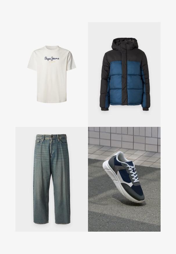 Paminkštintas švarkas su juodu gobtuvu ir viršutine dalimi, pasižymintis mėlyna apatine dalimi. Dizainą sudaro horizontalūs siuvimo segmentai ir elastiniai rankogaliai.; Grietos medvilnės marškinėliai su trumpomis rankovėmis, apvaliu kaklu, su „Pepe Jeans“ logotipu tamsiai mėlyna spalva ir „LONDON“ oranžine spalva po logotipu.; Šviesiai mėlyni džinsai su laisvu siluetu, vidutinio aukščio juosmeniu ir tiesiomis kojomis. Su penkiais kišenėmis, diržo kilpo ir mygtukų uždarymu.; Sportiniai bateliai su tamsiai mėlynu tinkliniu viršumi, pilkais zomšiniais akcentais, balta guma padanga ir plokščiomis baltomis raištelėmis, sukurti komfortui ir oro pralaidumui.