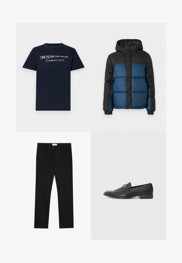 Pletená bunda s černou kapucí a horní částí, s modrou dolní částí. Design zahrnuje horizontálně prošité panely a elastické manžety.; Námořnická modrá bavlněná tričko má krátké rukávy a kulatý výstřih. Na přední straně je bílé text "DENIM TOM TAILOR Established 2007" v různých písmech.; Černé rovné džíny s pěti kapsami, zapínání na knoflík a zip, a štítek značky Pier One na pase.; Černé kožené mokasíny s hladkým povrchem, s prošívaným designem a dekoračním kovovým řetízkem přes nárt. Plochý podpatek.