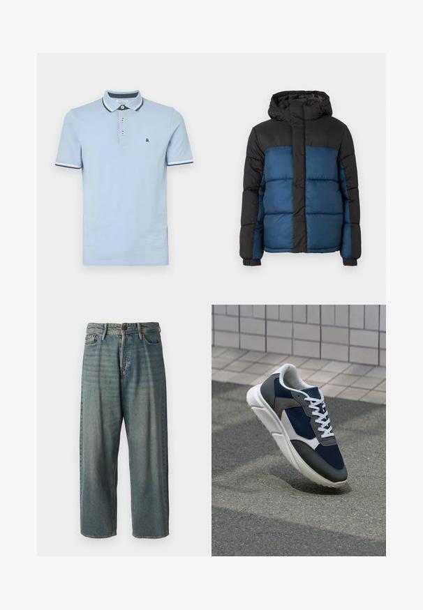 Giacca imbottita con cappuccio nero e parte superiore nera, caratterizzata da una parte inferiore blu. Il design include pannelli cuciti orizzontali e polsini elastici.; Polo di colore azzurro chiaro realizzato in cotone, con colletto a tre bottoni, colletto a contrasto e polsini a costine con accenti blu scuro.; Jeans di denim azzurro chiaro con vestibilità ampia, vita media e gambe dritte. Presenta cinque tasche, passanti per cintura e chiusura con bottone.; Sneaker con tomaia in rete blu navy, inserti in suede grigio, suola in gomma bianca e lacci bianchi piatti, progettata per comfort e traspirabilità.