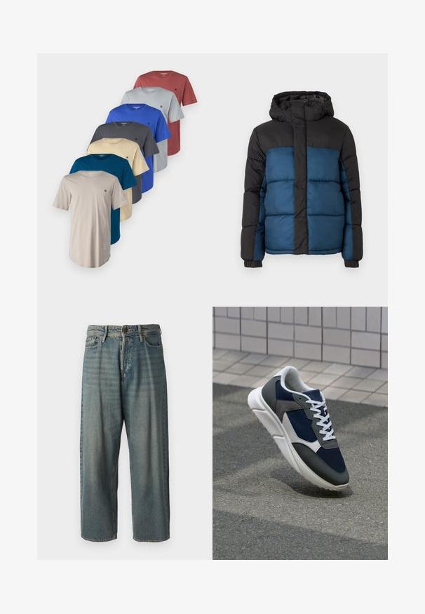 Padded jacket with a black hood and upper section, featuring a blue lower section. The design includes horizontal stitched panels and elastic cuffs.; Jack & Jones JPRBLABRODY TEE 7 PACK - Basic T-shirt - royal blue/black/beige/grey/dark red; Light blue denim jeans with a loose fit, mid-rise waist, and straight legs. Features five pockets, belt loops, and a button closure.; Sneaker featuring a navy blue mesh upper, gray suede accents, white rubber sole, and flat white laces, designed for comfort and breathability.